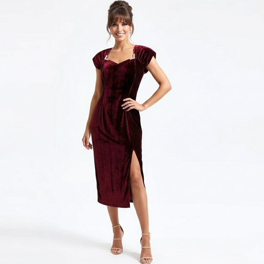 Vintage 80s Maroon Velvet Midi.Cocktail Dress Cutout Back Slit Party Rhinestones